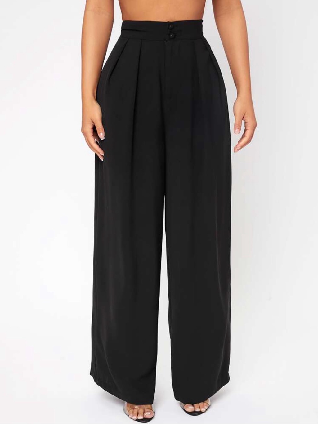 Shein Petite Black High-Waist Wide-Leg Pleated Pants